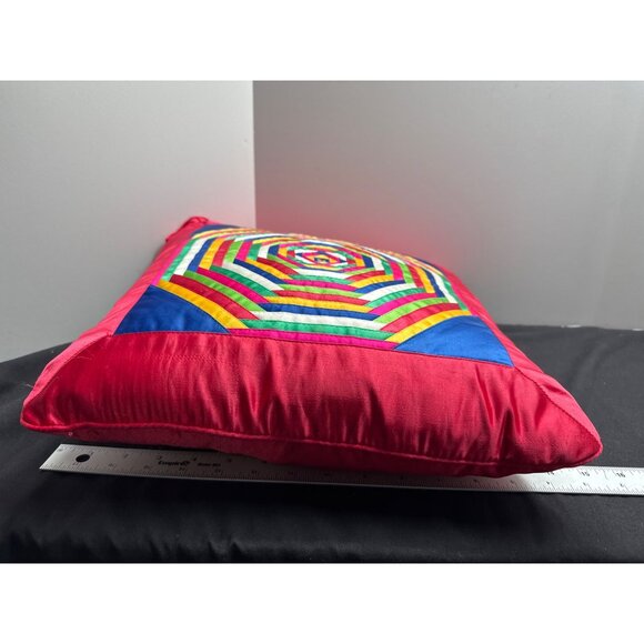 Quilted Pillow Geometric Pattern 14"x14" Multicolor Cotton & Satin - Picture 2 of 6